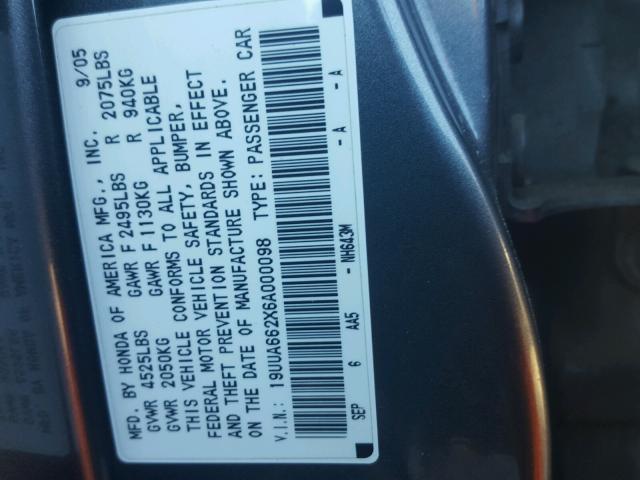 19UUA662X6A000098 - 2006 ACURA 3.2TL GRAY photo 10