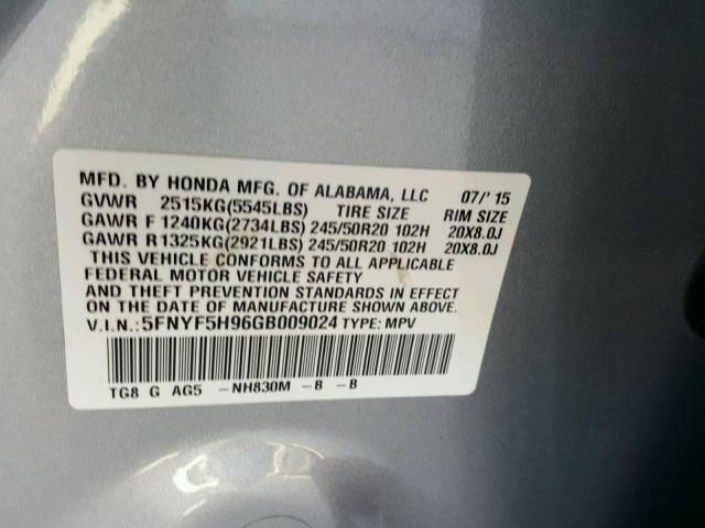 5FNYF5H96GB009024 - 2016 HONDA PILOT TOUR GRAY photo 10