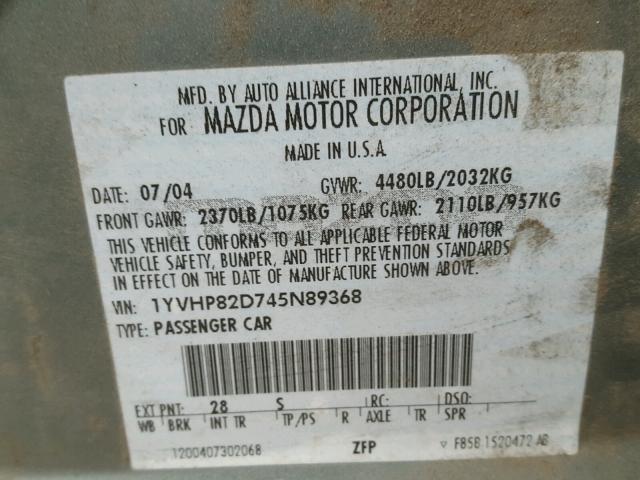 1YVHP82D745N89368 - 2004 MAZDA 6 S GREEN photo 10