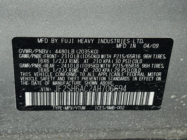 JF2SH6AC2AH706694 - 2010 SUBARU FORESTER 2 SILVER photo 10