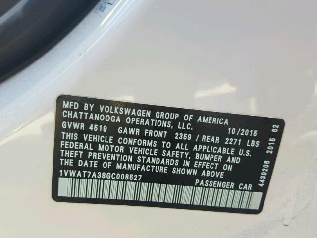1VWAT7A38GC008527 - 2016 VOLKSWAGEN PASSAT S თეთრი ფოტო 10