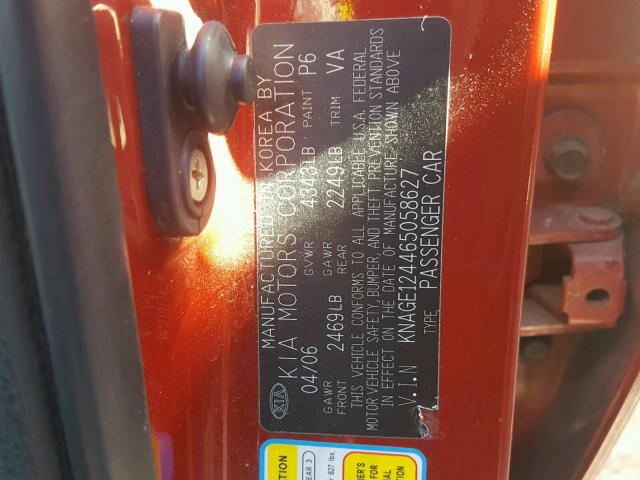 KNAGE124465058627 - 2006 KIA OPTIMA LX RED photo 10