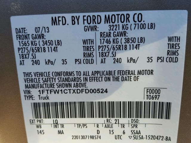 1FTFW1CTXDFD00524 - 2013 FORD F150 SUPER TAN photo 10