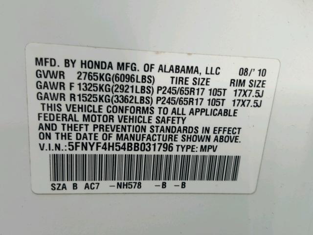 5FNYF4H54BB031796 - 2011 HONDA PILOT EXL WHITE photo 10