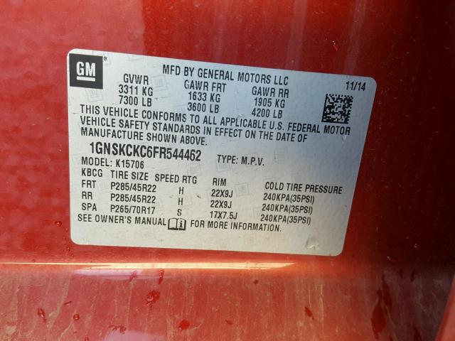 1GNSKCKC6FR544462 - 2015 CHEVROLET TAHOE K150 RED photo 10