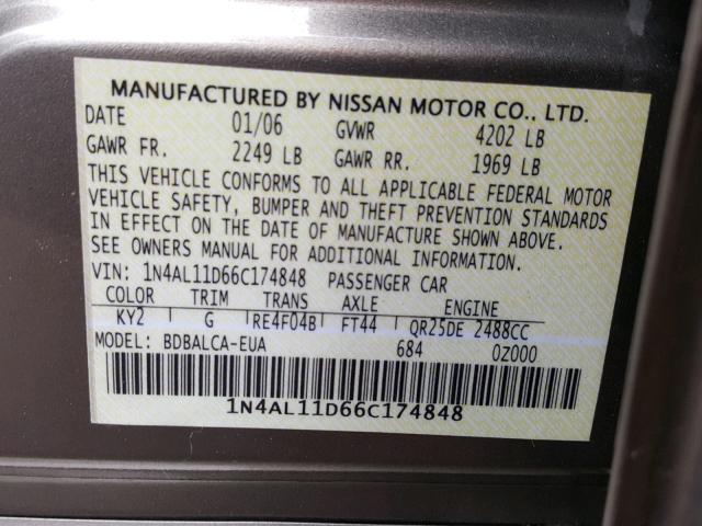 1N4AL11D66C174848 - 2006 NISSAN ALTIMA S BEIGE photo 10