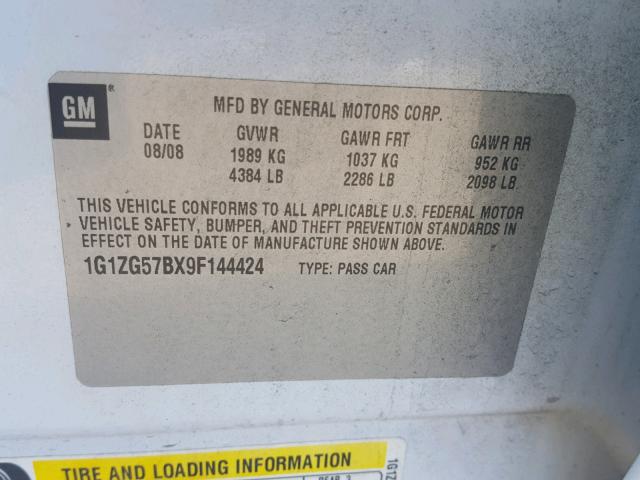 1G1ZG57BX9F144424 - 2009 CHEVROLET MALIBU LS WHITE photo 10