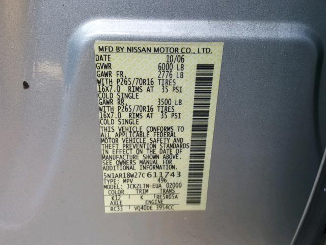 5N1AR18W27C611743 - 2007 NISSAN PATHFINDER SILVER photo 10