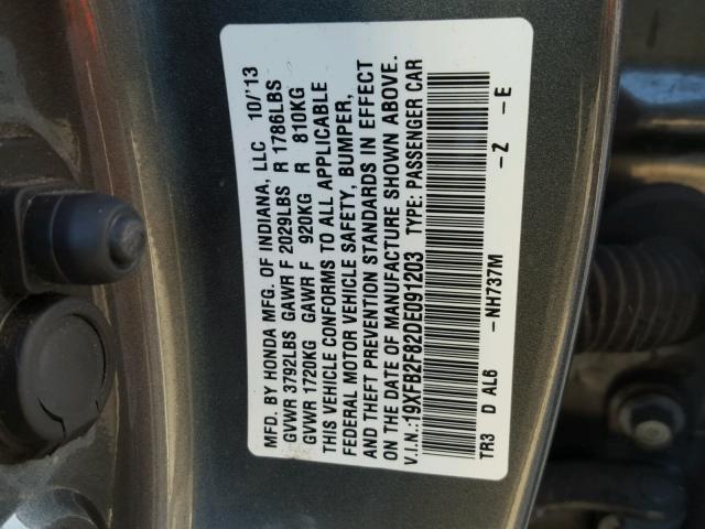 19XFB2F82DE091203 - 2013 HONDA CIVIC EX ნაცრისფერი ფოტო 10