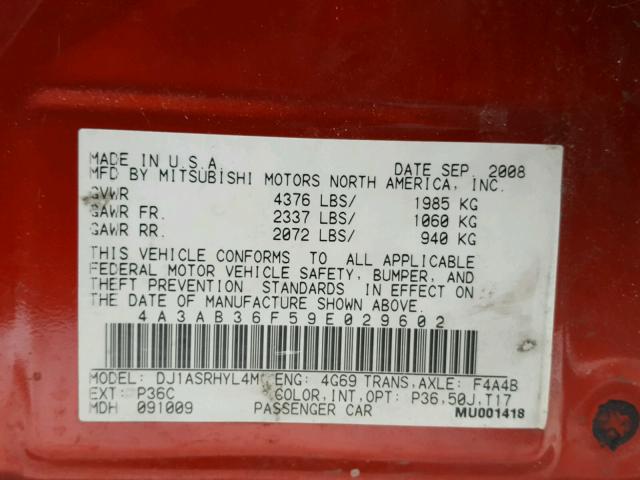 4A3AB36F59E029602 - 2009 MITSUBISHI GALANT ES RED photo 10