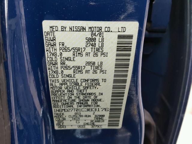 1N6MD27T01C383176 - 2001 NISSAN FRONTIER C BLUE photo 10