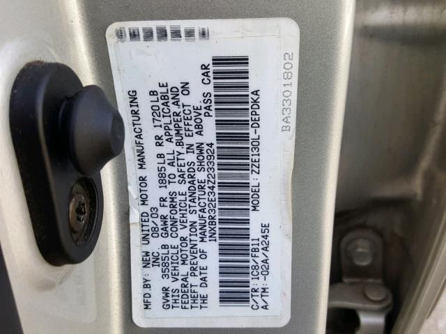 1NXBR32E34Z233924 - 2004 TOYOTA COROLLA SILVER photo 10