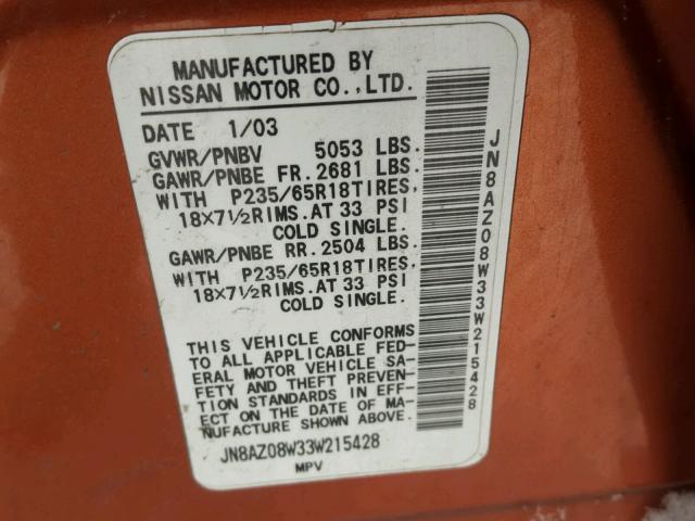 JN8AZ08W33W215428 - 2003 NISSAN MURANO SL ORANGE photo 10