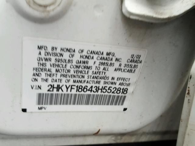 2HKYF18643H552818 - 2003 HONDA PILOT EXL WHITE photo 10