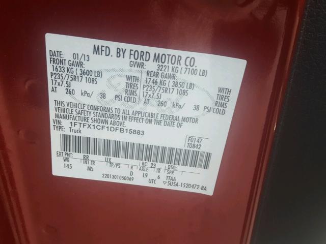 1FTFX1CF1DFB15883 - 2013 FORD F150 SUPER MAROON photo 10