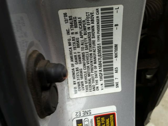 1HGFA16847L039551 - 2007 HONDA CIVIC EX GRAY photo 10