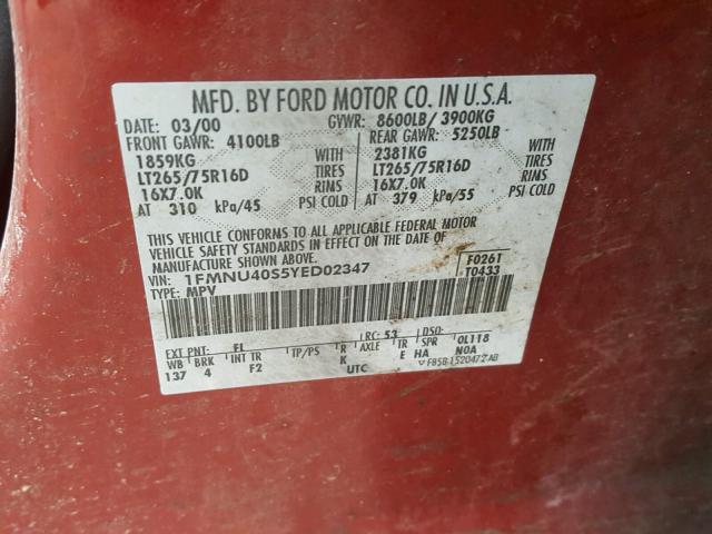 1FMNU40S5YED02347 - 2000 FORD EXCURSION RED photo 10