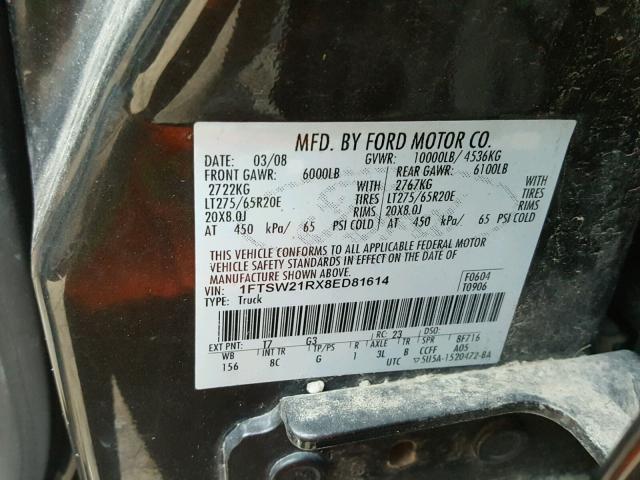 1FTSW21RX8ED81614 - 2008 FORD F250 SUPER GRAY photo 10