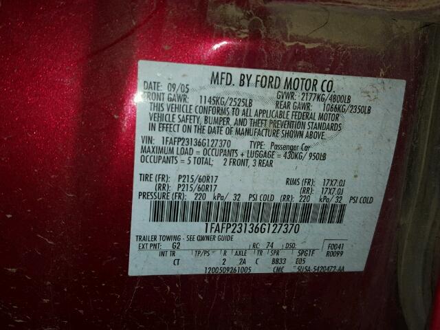 1FAFP23136G127370 - 2006 FORD FIVE HUNDR RED photo 10