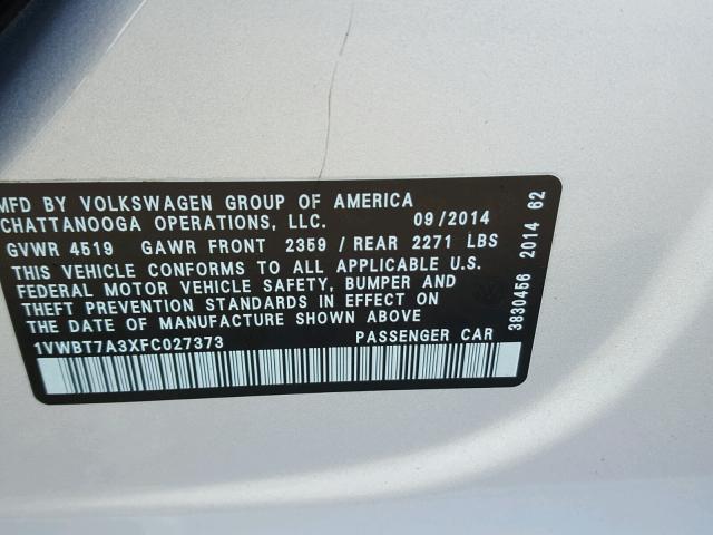 1VWBT7A3XFC027373 - 2015 VOLKSWAGEN PASSAT SE SILVER photo 10