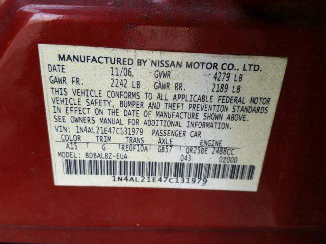 1N4AL21E47C131979 - 2007 NISSAN ALTIMA 2.5 BURGUNDY photo 10