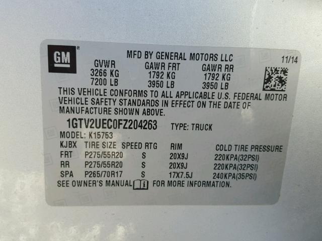 1GTV2UEC0FZ204263 - 2015 GMC SIERRA K15 SILVER photo 10