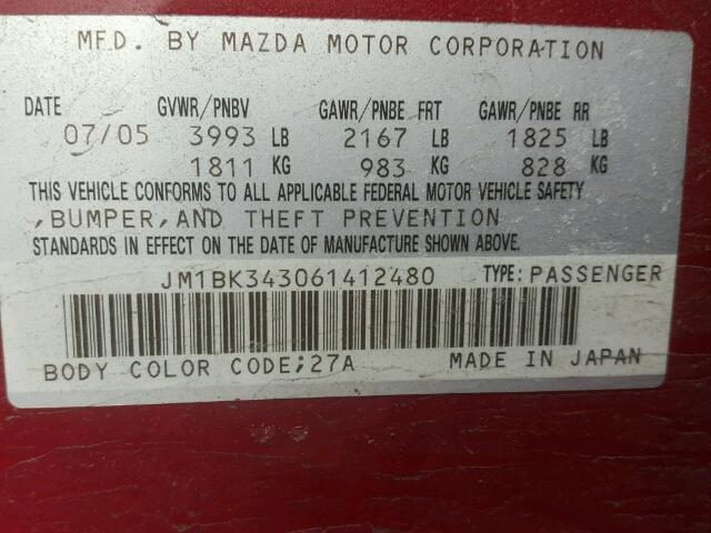 JM1BK343061412480 - 2006 MAZDA 3 HATCHBAC RED photo 10