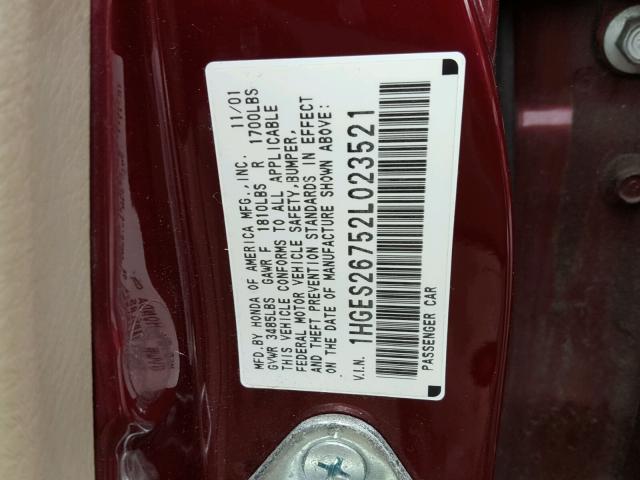 1HGES26752L023521 - 2002 HONDA CIVIC EX Bordo foto 10