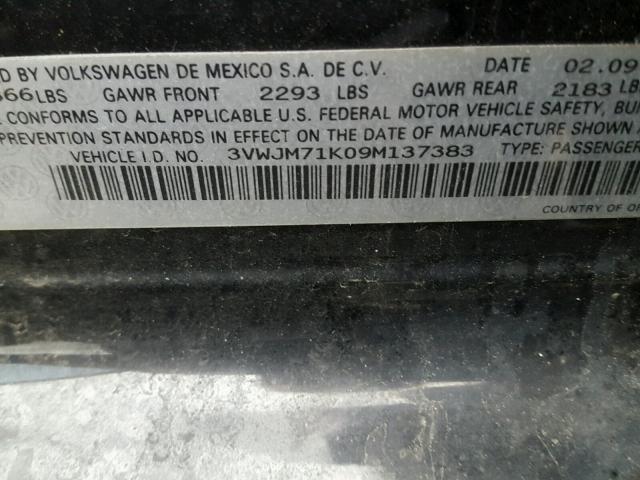 3VWJM71K09M137383 - 2009 VOLKSWAGEN JETTA S 黑色 照片 10