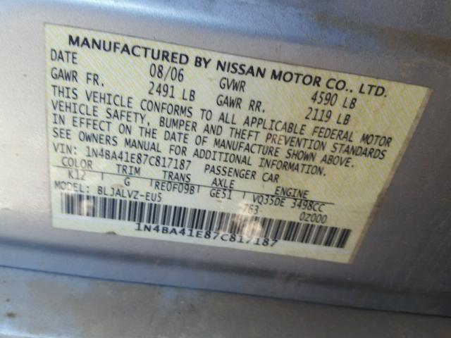 1N4BA41E87C817187 - 2007 NISSAN MAXIMA SE SILVER photo 10