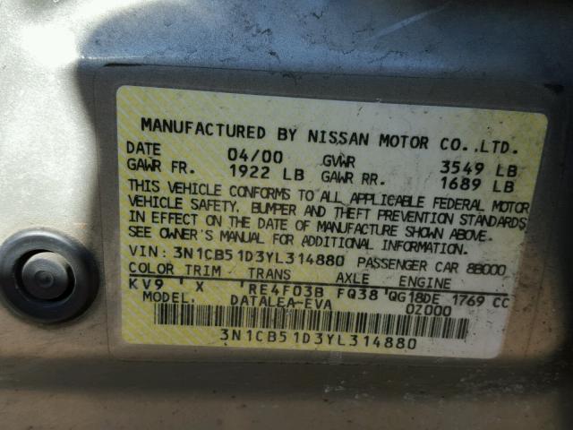 3N1CB51D3YL314880 - 2000 NISSAN SENTRA BAS BEIGE photo 10