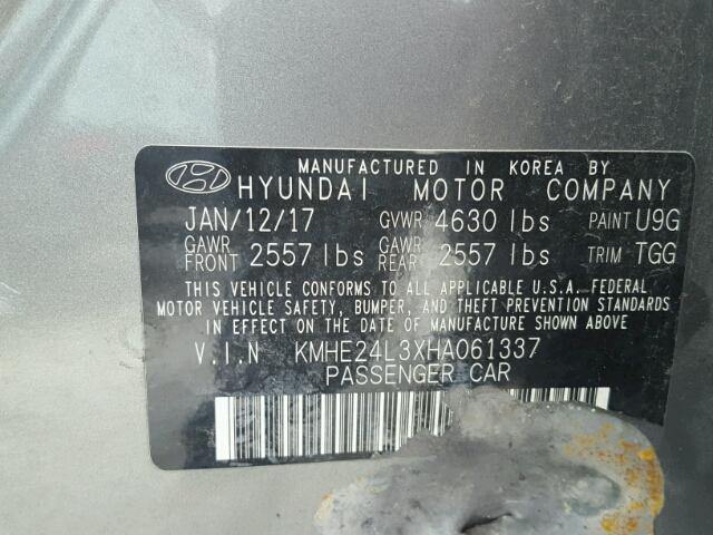 KMHE24L3XHA061337 - 2017 HYUNDAI SONATA HYB GRAY photo 10