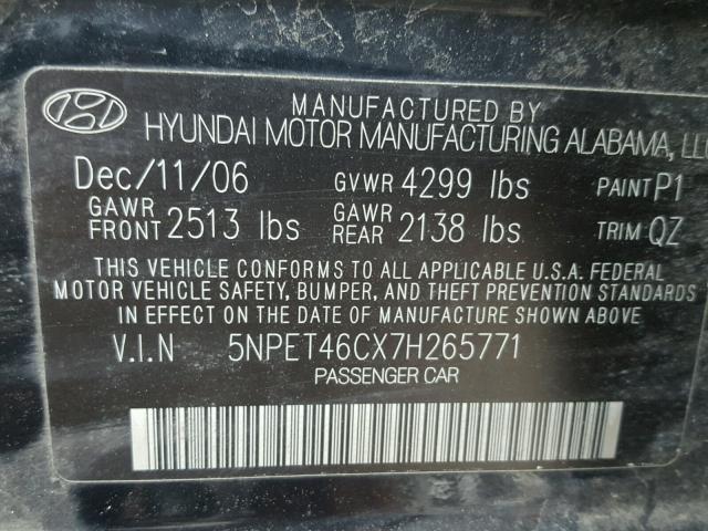 5NPET46CX7H265771 - 2007 HYUNDAI SONATA GLS BLACK photo 10