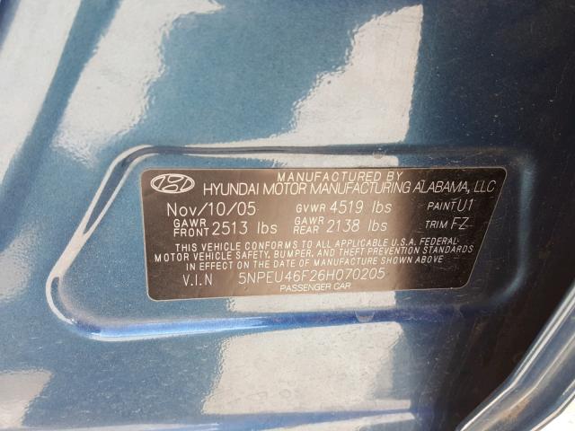 5NPEU46F26H070205 - 2006 HYUNDAI SONATA GLS BLUE photo 10