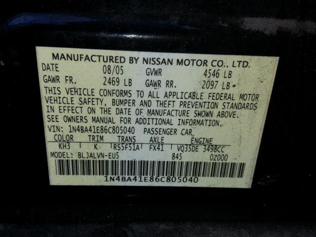 1N4BA41E86C805040 - 2006 NISSAN MAXIMA SE BLACK photo 10