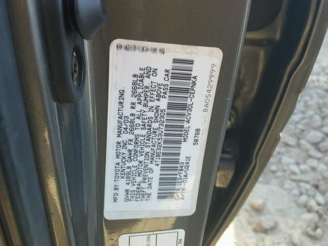 4T1BE32K53U732305 - 2003 TOYOTA CAMRY LE GRAY photo 10