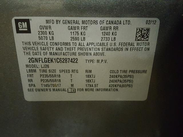 2GNFLGEK1C6287422 - 2012 CHEVROLET EQUINOX LT CHARCOAL photo 10