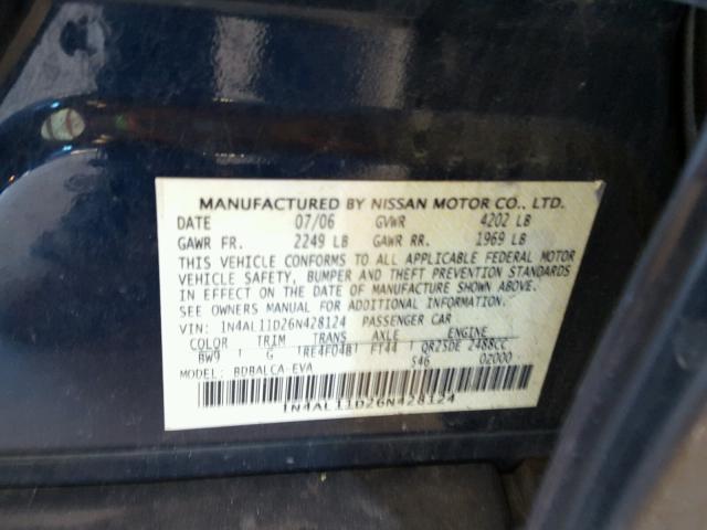 1N4AL11D26N428124 - 2006 NISSAN ALTIMA S BLUE photo 10