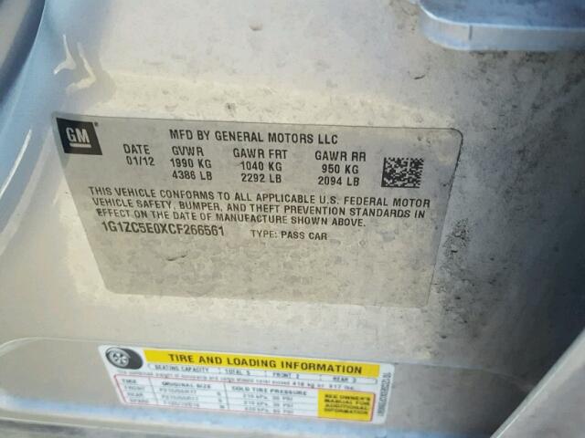 1G1ZC5E0XCF266561 - 2012 CHEVROLET MALIBU 1LT 银色 照片 10