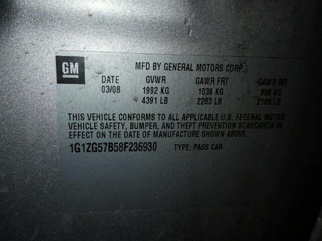 1G1ZG57B58F236930 - 2008 CHEVROLET MALIBU LS 银色 照片 10