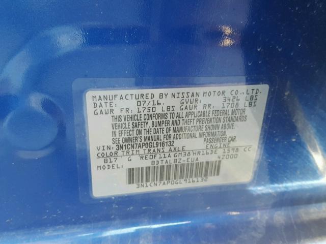 3N1CN7AP0GL916132 - 2016 NISSAN VERSA S BLUE photo 10