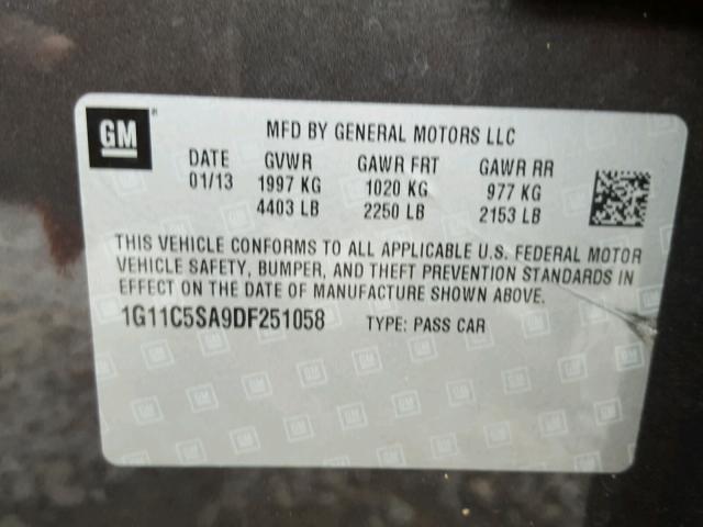 1G11C5SA9DF251058 - 2013 CHEVROLET MALIBU 1LT 灰色 照片 10