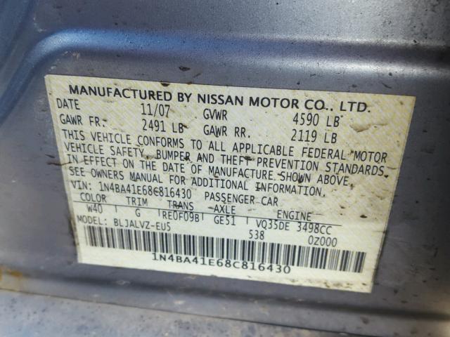 1N4BA41E68C816430 - 2008 NISSAN MAXIMA SE GRAY photo 10