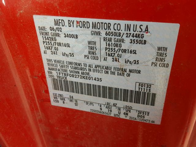 1FTRF08272KE01435 - 2002 FORD F150 RED photo 10