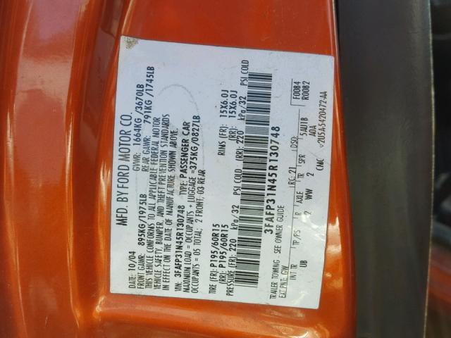 3FAFP31N45R130748 - 2005 FORD FOCUS ZX3 ORANGE photo 10