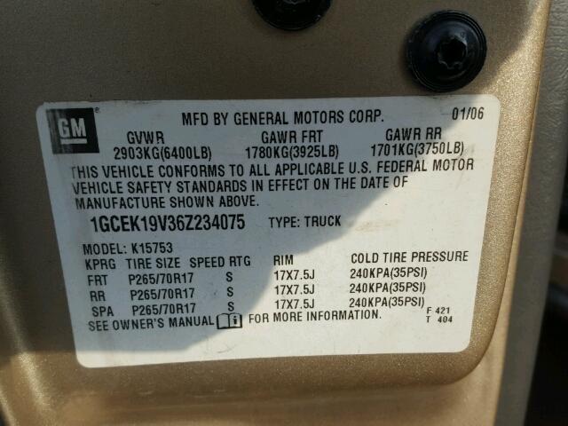 1GCEK19V36Z234075 - 2006 CHEVROLET SILVERADO TAN photo 10