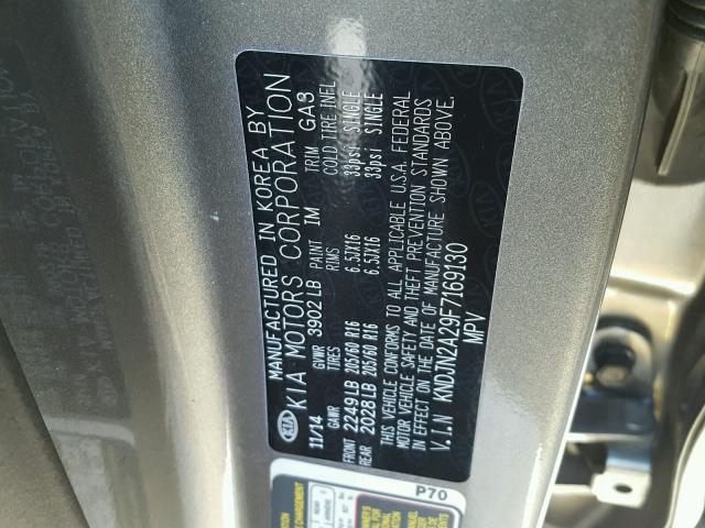 KNDJN2A29F7169130 - 2015 KIA SOUL GRAY photo 10