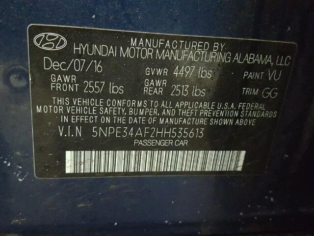 5NPE34AF2HH535613 - 2017 HYUNDAI SONATA SPO BLUE photo 10