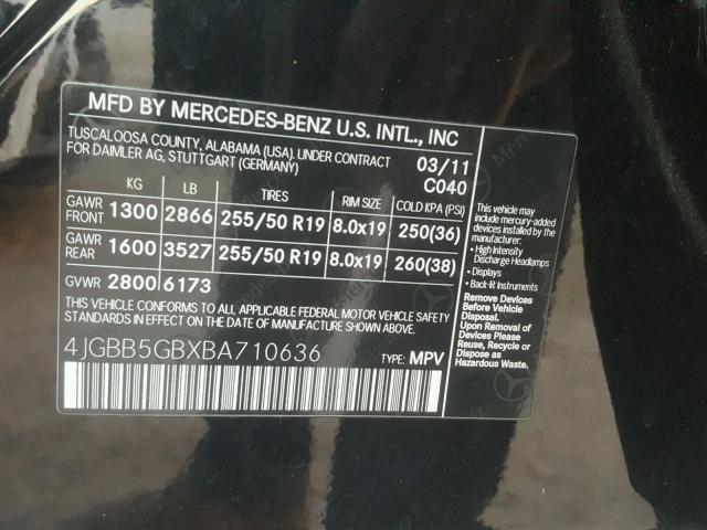 4JGBB5GBXBA710636 - 2011 MERCEDES-BENZ ML 350 BLACK photo 10