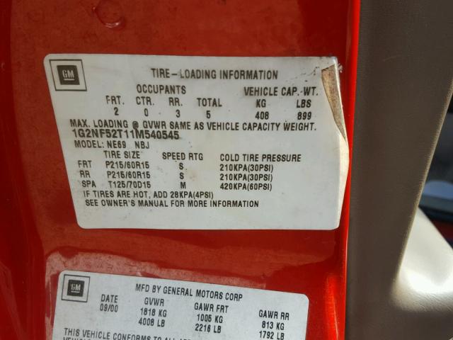 1G2NF52T11M540545 - 2001 PONTIAC GRAND AM S წითელი ფოტო 10